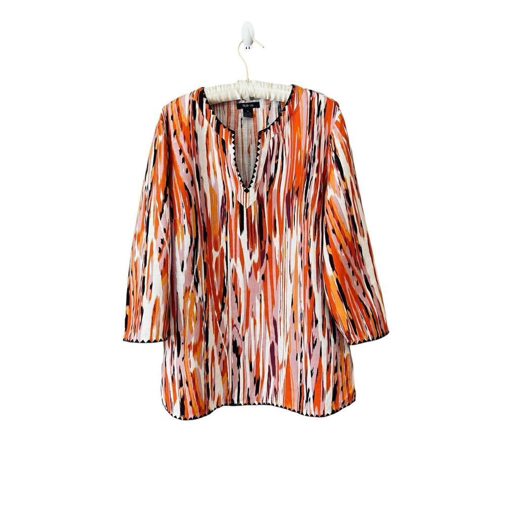 Style & Co Women's 100% Linen Multicolor Boho Lagenlook V-Neck Tunic Top Size 14